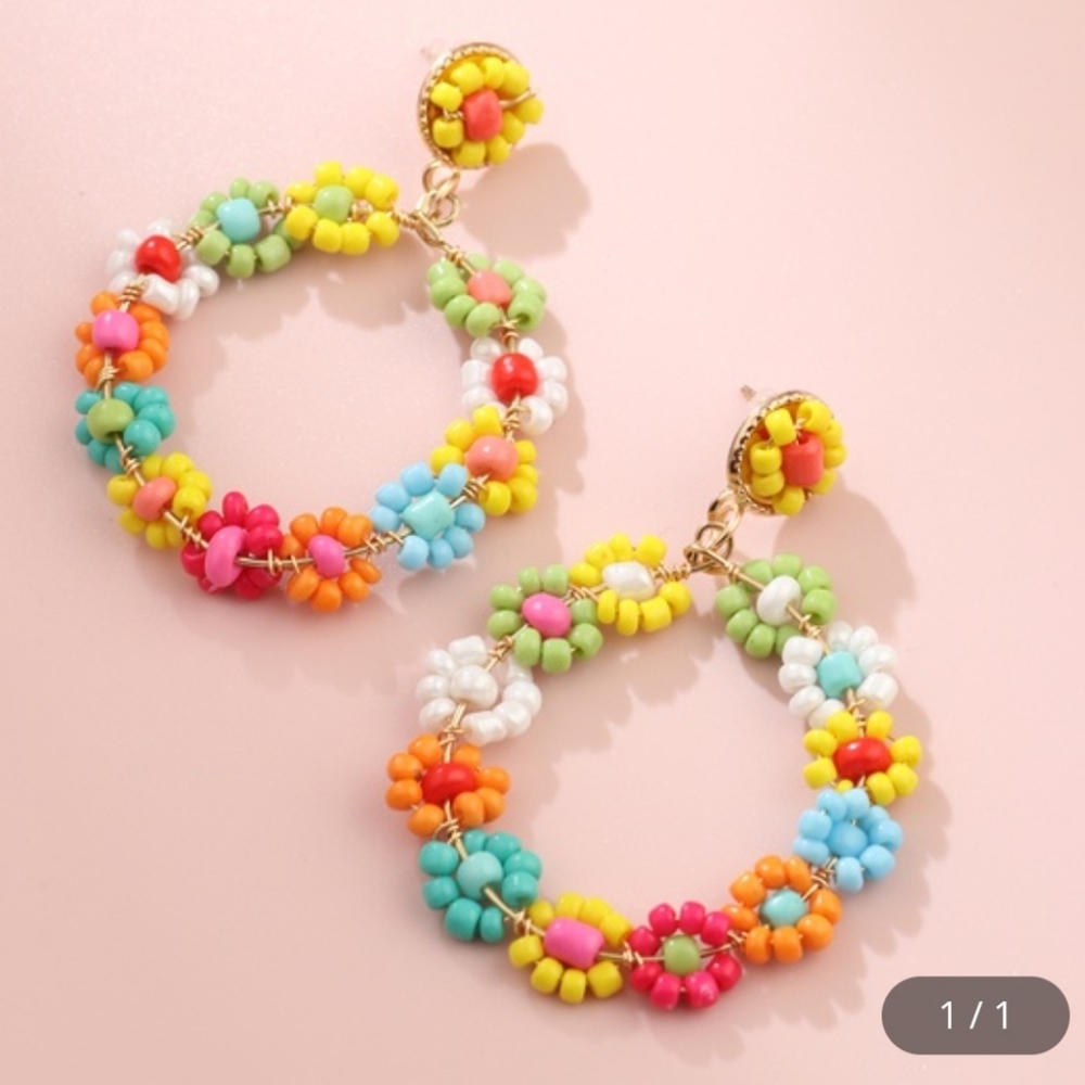 Multicolor Daisy Beaded Hoops - Picture 6 of 6